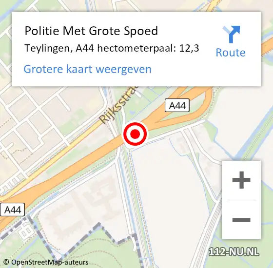 Locatie op kaart van de 112 melding: Politie Met Grote Spoed Naar Teylingen, A44 hectometerpaal: 12,3 op 4 juli 2023 17:33