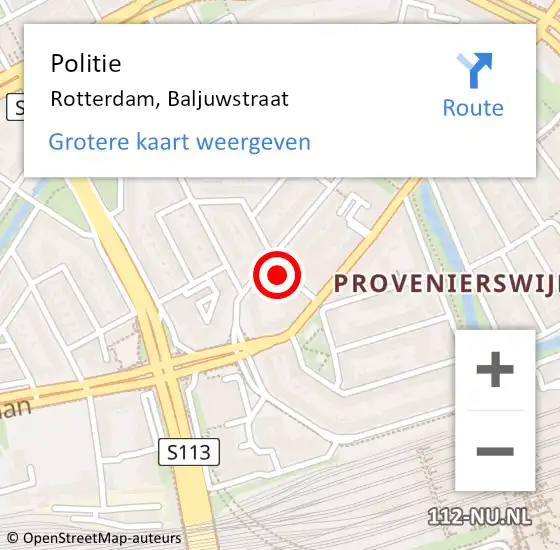 Locatie op kaart van de 112 melding: Politie Rotterdam, Baljuwstraat op 4 juli 2023 18:31