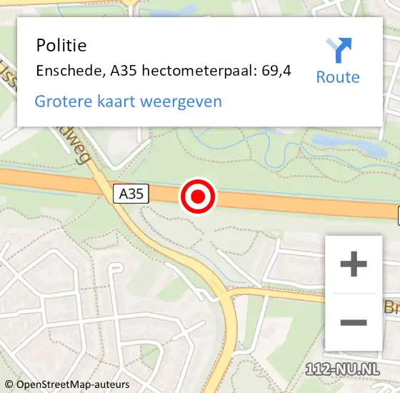 Locatie op kaart van de 112 melding: Politie Enschede, A35 hectometerpaal: 69,4 op 4 juli 2023 19:13