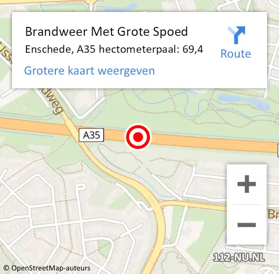 Locatie op kaart van de 112 melding: Brandweer Met Grote Spoed Naar Enschede, A35 hectometerpaal: 69,4 op 4 juli 2023 19:13