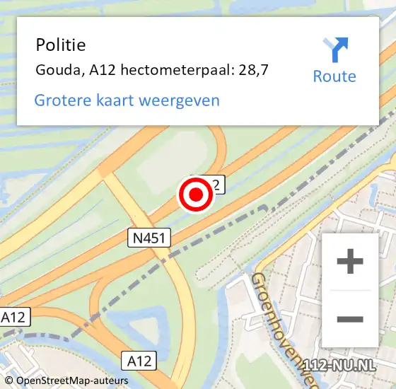 Locatie op kaart van de 112 melding: Politie Gouda, A12 hectometerpaal: 28,7 op 4 juli 2023 19:43