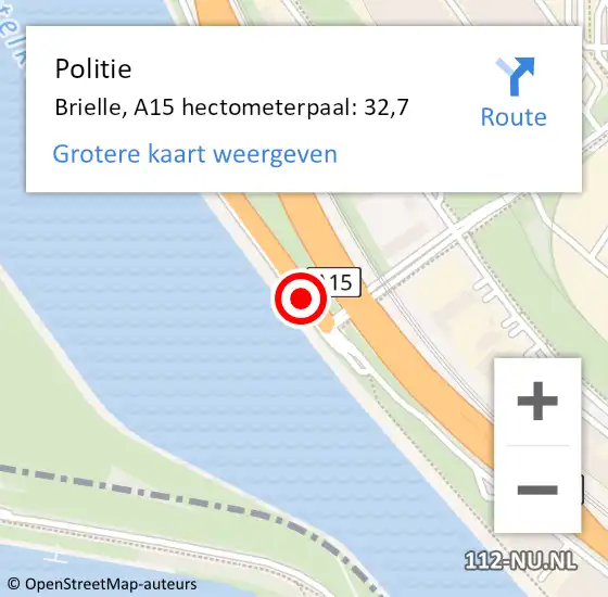 Locatie op kaart van de 112 melding: Politie Brielle, A15 hectometerpaal: 32,7 op 5 juli 2023 07:13