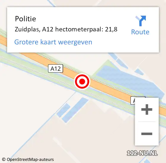 Locatie op kaart van de 112 melding: Politie Zuidplas, A12 hectometerpaal: 21,8 op 5 juli 2023 07:49