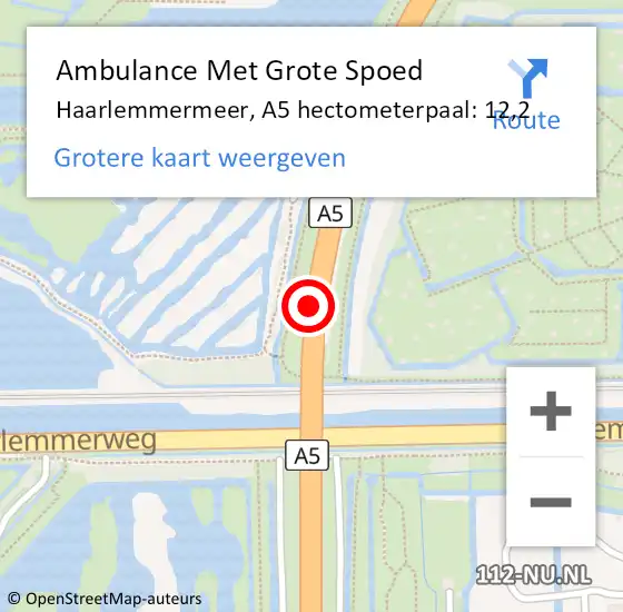 Locatie op kaart van de 112 melding: Ambulance Met Grote Spoed Naar Haarlemmermeer, A5 hectometerpaal: 12,2 op 5 juli 2023 09:19