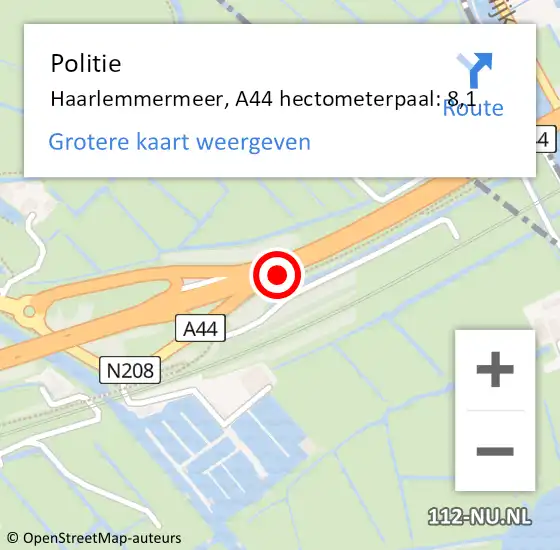 Locatie op kaart van de 112 melding: Politie Haarlemmermeer, A44 hectometerpaal: 8,1 op 5 juli 2023 09:43