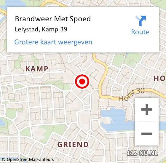 Locatie op kaart van de 112 melding: Brandweer Met Spoed Naar Lelystad, Kamp 39 op 5 juli 2023 10:40