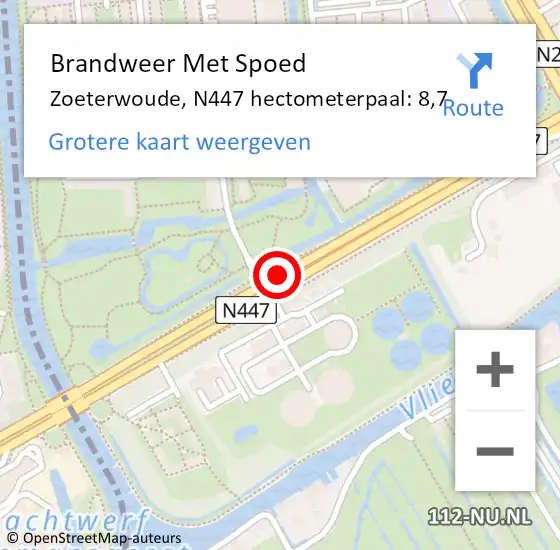 Locatie op kaart van de 112 melding: Brandweer Met Spoed Naar Zoeterwoude, N447 hectometerpaal: 8,7 op 5 juli 2023 10:41