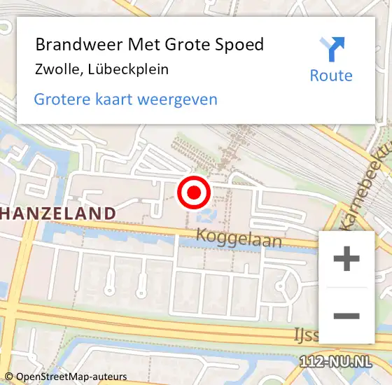 Locatie op kaart van de 112 melding: Brandweer Met Grote Spoed Naar Zwolle, Lübeckplein op 5 juli 2023 11:14