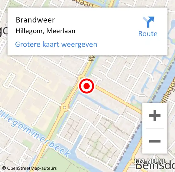 Locatie op kaart van de 112 melding: Brandweer Hillegom, Meerlaan op 5 juli 2023 12:09