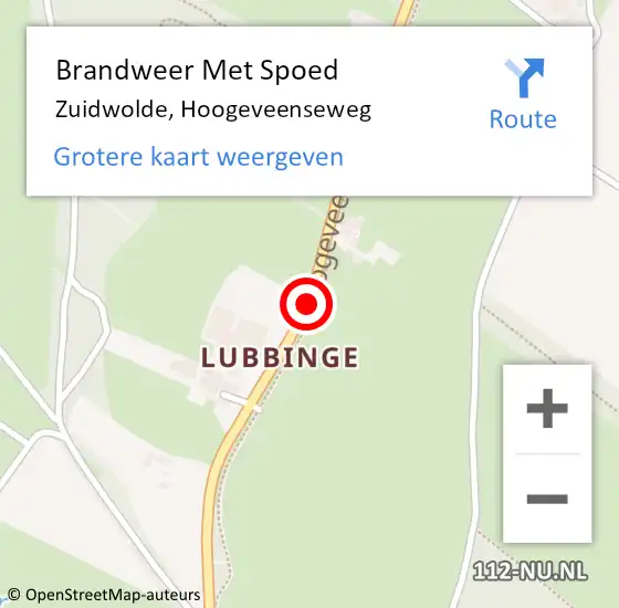 Locatie op kaart van de 112 melding: Brandweer Met Spoed Naar Zuidwolde, Hoogeveenseweg op 5 juli 2023 12:29