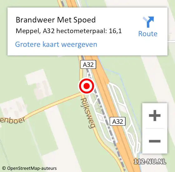 Locatie op kaart van de 112 melding: Brandweer Met Spoed Naar Meppel, A32 hectometerpaal: 16,1 op 5 juli 2023 12:52