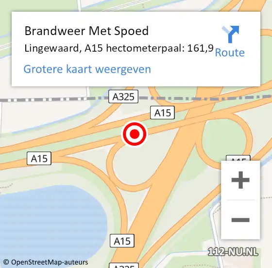 Locatie op kaart van de 112 melding: Brandweer Met Spoed Naar Lingewaard, A15 hectometerpaal: 161,9 op 5 juli 2023 13:02