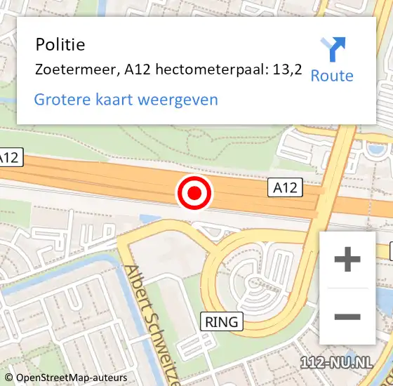 Locatie op kaart van de 112 melding: Politie Zoetermeer, A12 hectometerpaal: 13,2 op 5 juli 2023 13:54