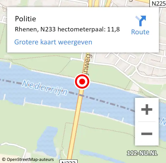 Locatie op kaart van de 112 melding: Politie Rhenen, N233 hectometerpaal: 11,8 op 5 juli 2023 14:30