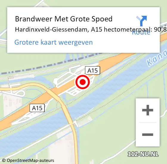 Locatie op kaart van de 112 melding: Brandweer Met Grote Spoed Naar Hardinxveld-Giessendam, A15 hectometerpaal: 90,8 op 5 juli 2023 14:58