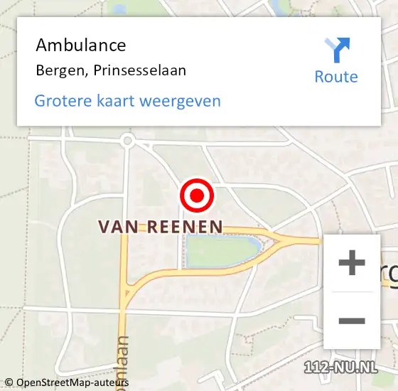 Locatie op kaart van de 112 melding: Ambulance Bergen, Prinsesselaan op 5 juli 2023 14:59