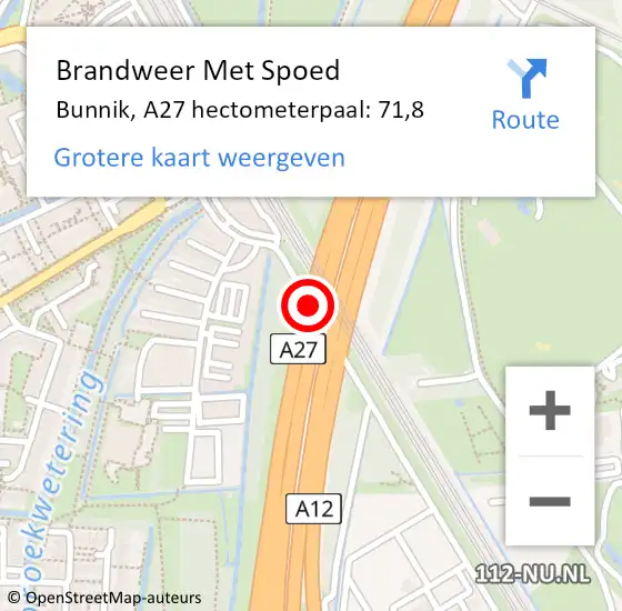 Locatie op kaart van de 112 melding: Brandweer Met Spoed Naar Bunnik, A27 hectometerpaal: 71,8 op 5 juli 2023 15:37