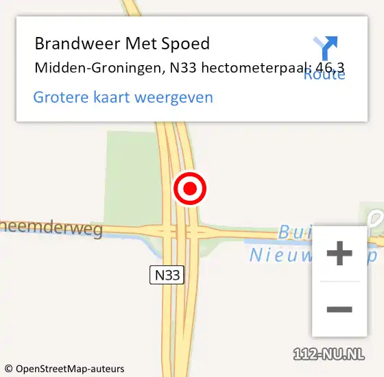 Locatie op kaart van de 112 melding: Brandweer Met Spoed Naar Midden-Groningen, N33 hectometerpaal: 46,3 op 5 juli 2023 16:03