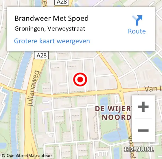 Locatie op kaart van de 112 melding: Brandweer Met Spoed Naar Groningen, Verweystraat op 5 juli 2023 16:27