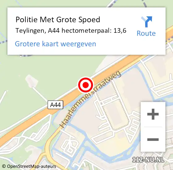 Locatie op kaart van de 112 melding: Politie Met Grote Spoed Naar Teylingen, A44 hectometerpaal: 13,6 op 5 juli 2023 17:44
