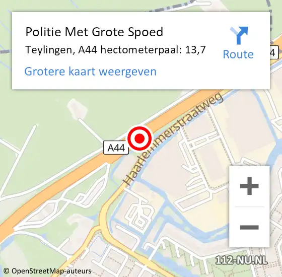 Locatie op kaart van de 112 melding: Politie Met Grote Spoed Naar Teylingen, A44 hectometerpaal: 13,7 op 5 juli 2023 17:44