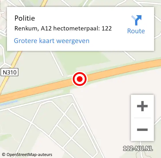 Locatie op kaart van de 112 melding: Politie Renkum, A12 hectometerpaal: 122 op 5 juli 2023 17:46