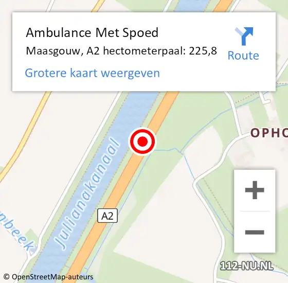 Locatie op kaart van de 112 melding: Ambulance Met Spoed Naar Maasgouw, A2 hectometerpaal: 225,8 op 5 juli 2023 18:16