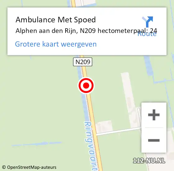 Locatie op kaart van de 112 melding: Ambulance Met Spoed Naar Alphen aan den Rijn, N209 hectometerpaal: 24 op 5 juli 2023 19:16
