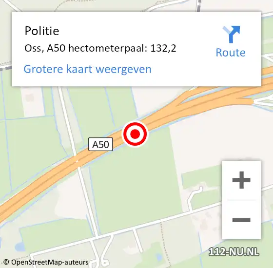 Locatie op kaart van de 112 melding: Politie Oss, A50 hectometerpaal: 132,2 op 5 juli 2023 19:30