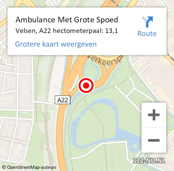 Locatie op kaart van de 112 melding: Ambulance Met Grote Spoed Naar Velsen, A22 hectometerpaal: 13,1 op 5 juli 2023 20:15