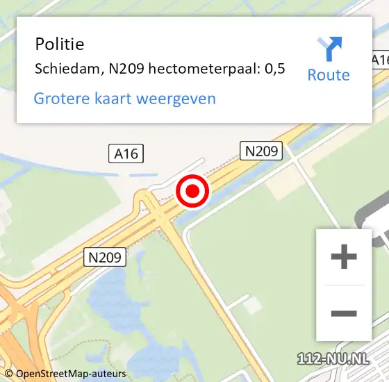 Locatie op kaart van de 112 melding: Politie Schiedam, N209 hectometerpaal: 0,5 op 5 juli 2023 20:52