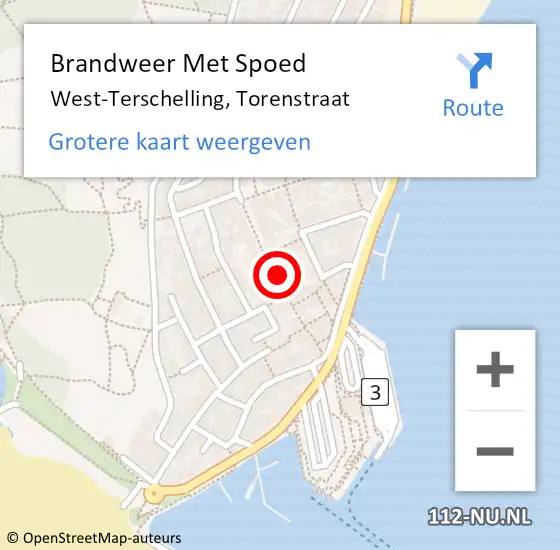 Locatie op kaart van de 112 melding: Brandweer Met Spoed Naar West-Terschelling, Torenstraat op 5 juli 2023 21:23