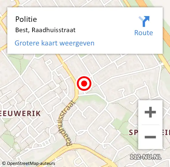 Locatie op kaart van de 112 melding: Politie Best, Raadhuisstraat op 5 juli 2023 21:42
