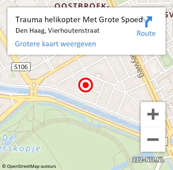 Locatie op kaart van de 112 melding: Trauma helikopter Met Grote Spoed Naar Den Haag, Vierhoutenstraat op 5 juli 2023 22:44