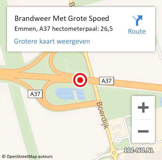 Locatie op kaart van de 112 melding: Brandweer Met Grote Spoed Naar Emmen, A37 hectometerpaal: 26,5 op 5 juli 2023 23:36