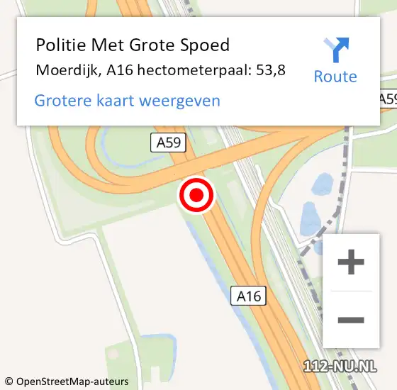 Locatie op kaart van de 112 melding: Politie Met Grote Spoed Naar Moerdijk, A16 hectometerpaal: 53,8 op 5 juli 2023 23:42