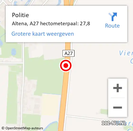 Locatie op kaart van de 112 melding: Politie Altena, A27 hectometerpaal: 27,8 op 6 juli 2023 00:10