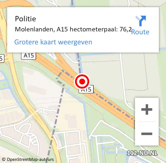 Locatie op kaart van de 112 melding: Politie Molenlanden, A15 hectometerpaal: 76,2 op 6 juli 2023 06:48