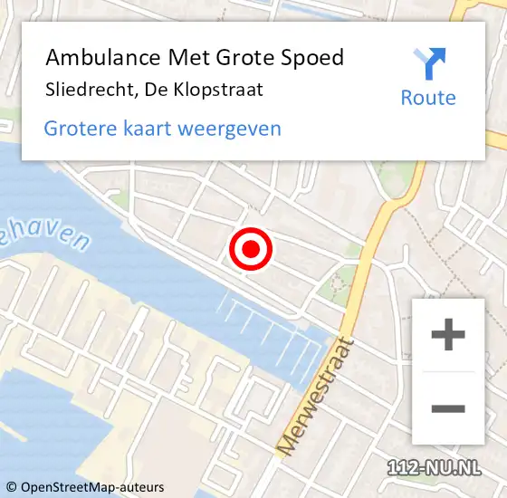 Locatie op kaart van de 112 melding: Ambulance Met Grote Spoed Naar Sliedrecht, De Klopstraat op 6 juli 2023 08:07