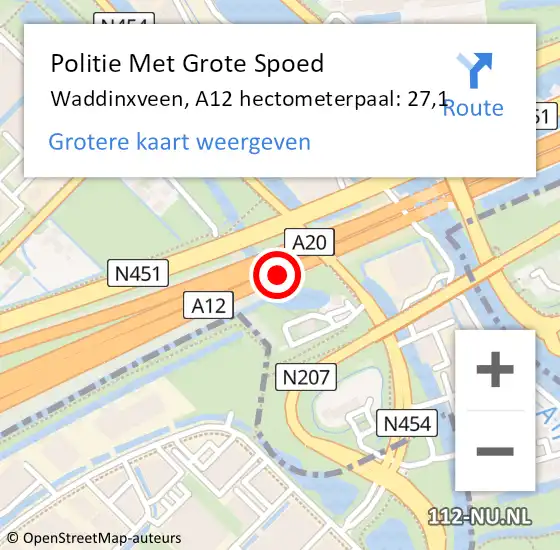 Locatie op kaart van de 112 melding: Politie Met Grote Spoed Naar Waddinxveen, A12 hectometerpaal: 27,1 op 6 juli 2023 08:46