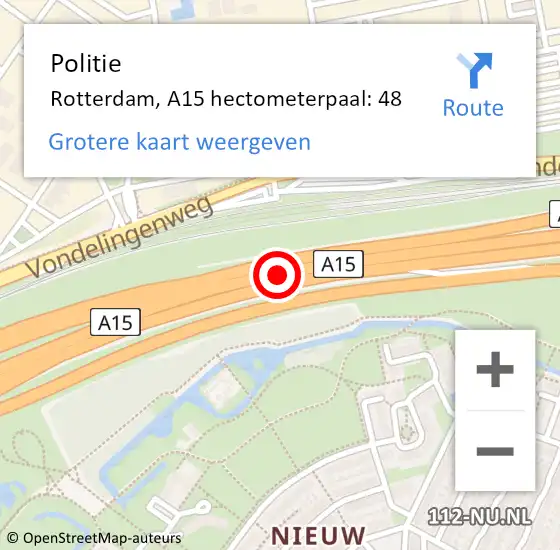 Locatie op kaart van de 112 melding: Politie Rotterdam, A15 hectometerpaal: 48 op 6 juli 2023 11:05