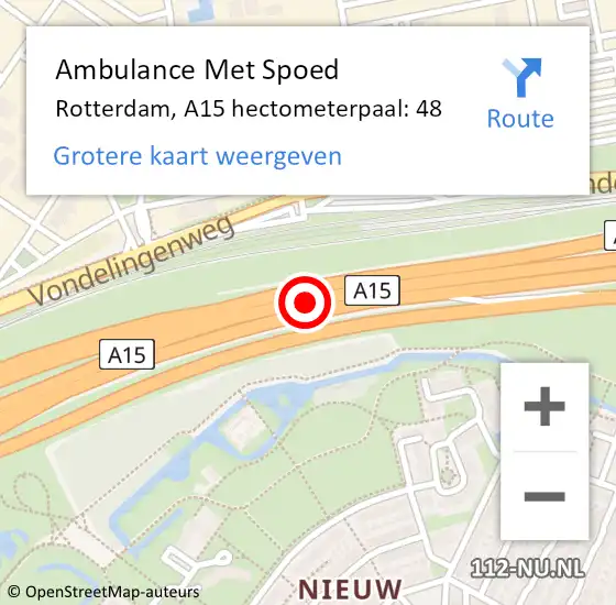 Locatie op kaart van de 112 melding: Ambulance Met Spoed Naar Rotterdam, A15 hectometerpaal: 48 op 6 juli 2023 11:08