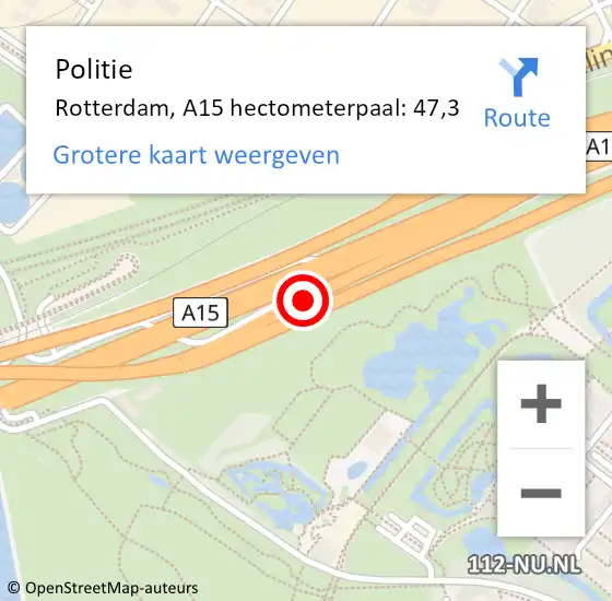 Locatie op kaart van de 112 melding: Politie Rotterdam, A15 hectometerpaal: 47,3 op 6 juli 2023 11:51