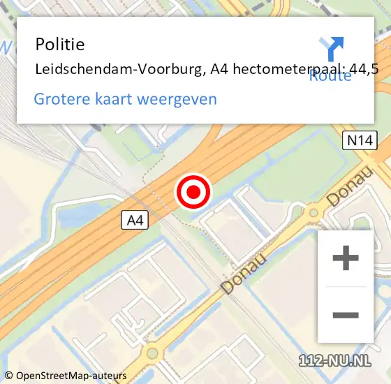 Locatie op kaart van de 112 melding: Politie Leidschendam-Voorburg, A4 hectometerpaal: 44,5 op 6 juli 2023 13:17