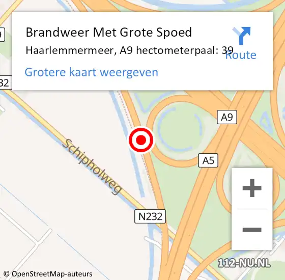 Locatie op kaart van de 112 melding: Brandweer Met Grote Spoed Naar Haarlemmermeer, A9 hectometerpaal: 39 op 6 juli 2023 13:48