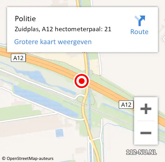 Locatie op kaart van de 112 melding: Politie Zuidplas, A12 hectometerpaal: 21 op 6 juli 2023 14:41