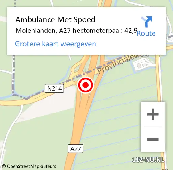 Locatie op kaart van de 112 melding: Ambulance Met Spoed Naar Molenlanden, A27 hectometerpaal: 42,9 op 6 juli 2023 14:44