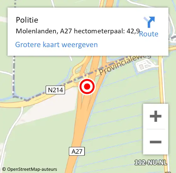 Locatie op kaart van de 112 melding: Politie Molenlanden, A27 hectometerpaal: 42,9 op 6 juli 2023 14:44