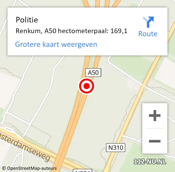 Locatie op kaart van de 112 melding: Politie Renkum, A50 hectometerpaal: 169,1 op 6 juli 2023 15:49