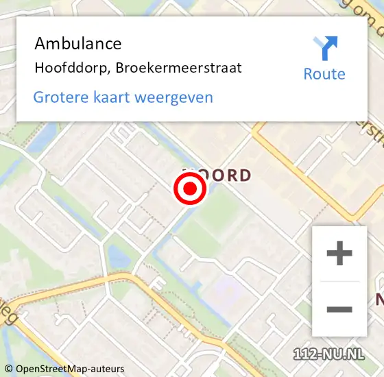 Locatie op kaart van de 112 melding: Ambulance Hoofddorp, Broekermeerstraat op 6 juli 2023 16:33